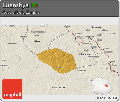 Physical 3D Map of Luanshya, shaded relief outside