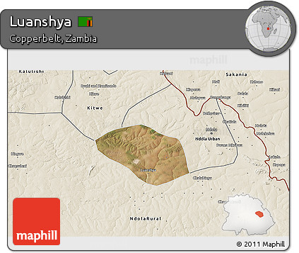 Satellite 3D Map of Luanshya, shaded relief outside