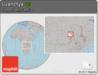 Gray Location Map of Luanshya, highlighted parent region, within the entire country, hill shading