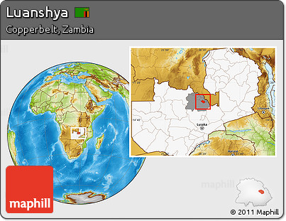 Physical Location Map of Luanshya, highlighted country, highlighted parent region
