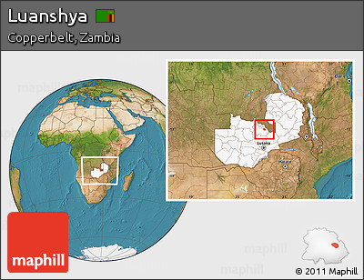 Satellite Location Map of Luanshya, highlighted country, within the entire country