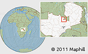Savanna Style Location Map of Luanshya, highlighted country, hill shading