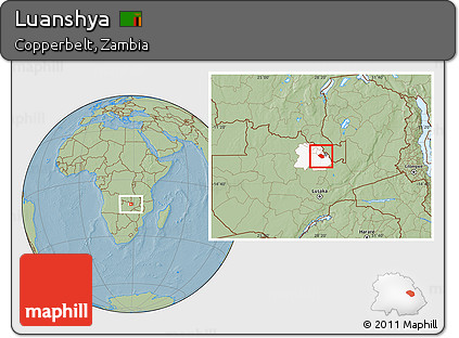 Savanna Style Location Map of Luanshya, highlighted parent region, hill shading