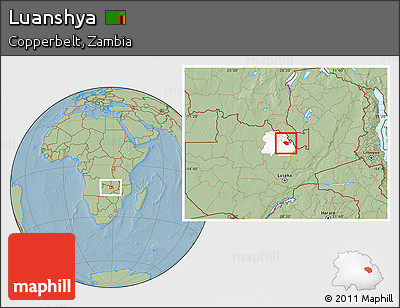 Savanna Style Location Map of Luanshya, highlighted parent region, hill shading