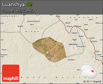 Satellite Map of Luanshya, shaded relief outside