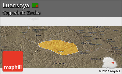 Physical Panoramic Map of Luanshya, darken, semi-desaturated