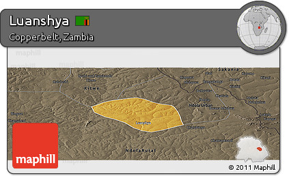 Physical Panoramic Map of Luanshya, darken, semi-desaturated