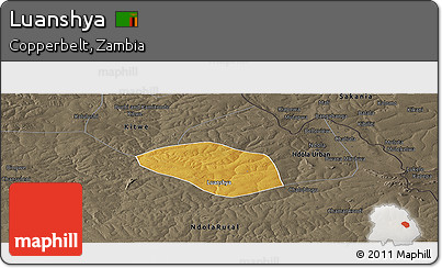 Physical Panoramic Map of Luanshya, darken, semi-desaturated