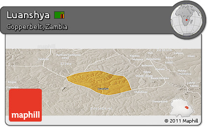 Physical Panoramic Map of Luanshya, lighten, semi-desaturated