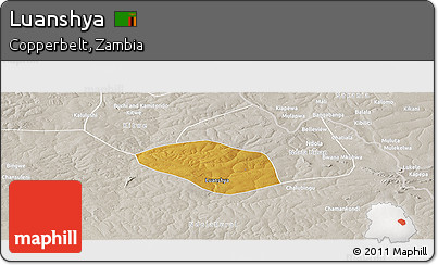 Physical Panoramic Map of Luanshya, lighten, semi-desaturated