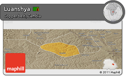 Physical Panoramic Map of Luanshya, semi-desaturated