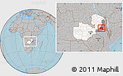 Gray Location Map of Chipata, highlighted country, highlighted parent region, within the entire country, hill shading