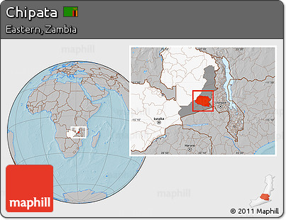Gray Location Map of Chipata, highlighted country, highlighted parent region, hill shading