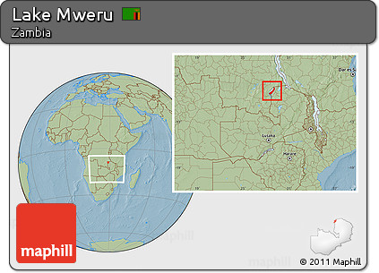 Savanna Style Location Map of Lake Mweru, within the entire country, hill shading