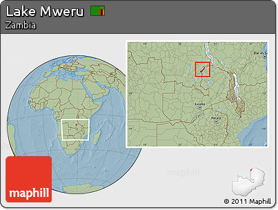 Savanna Style Location Map of Lake Mweru, within the entire country, hill shading
