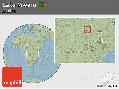 Savanna Style Location Map of Lake Mweru, within the entire country, hill shading