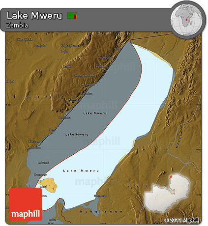 Physical Map of Lake Mweru, darken