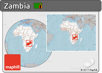 Gray Location Map of Zambia, highlighted continent, within the entire continent, hill shading