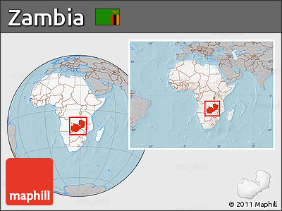 Gray Location Map of Zambia, highlighted continent, within the entire continent, hill shading