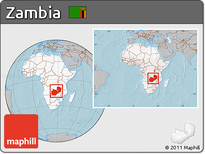Gray Location Map of Zambia, highlighted continent, within the entire continent, hill shading