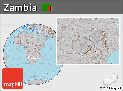 Gray Location Map of Zambia, hill shading inside