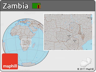 Gray Location Map of Zambia, hill shading inside