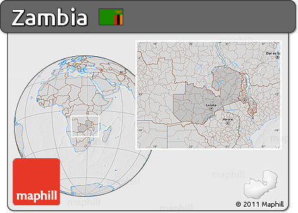 Gray Location Map of Zambia, lighten, desaturated, hill shading