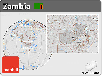 Gray Location Map of Zambia, lighten, desaturated, hill shading