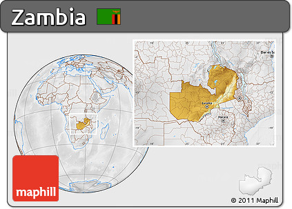 Physical Location Map of Zambia, lighten, desaturated