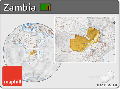 Physical Location Map of Zambia, lighten, desaturated