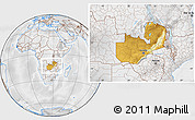 Physical Location Map of Zambia, lighten, desaturated