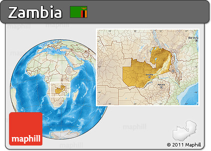 Physical Location Map of Zambia, lighten, land only