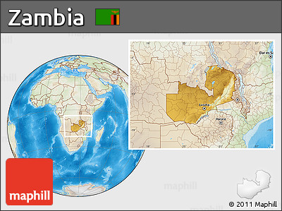 Physical Location Map of Zambia, lighten, land only