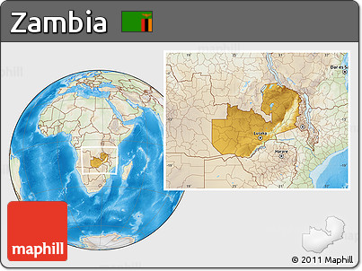Physical Location Map of Zambia, lighten, land only