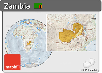 Physical Location Map of Zambia, lighten, semi-desaturated