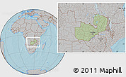 Savanna Style Location Map of Zambia, gray outside, hill shading