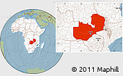 Savanna Style Location Map of Zambia, highlighted continent, hill shading