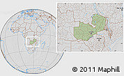 Savanna Style Location Map of Zambia, lighten, desaturated, hill shading