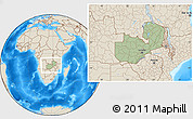 Savanna Style Location Map of Zambia, shaded relief outside, hill shading