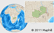 Savanna Style Location Map of Zambia, shaded relief outside