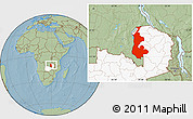 Savanna Style Location Map of Luapula, highlighted country, hill shading