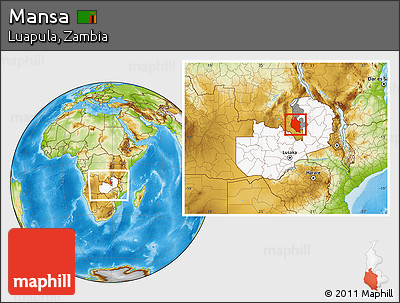 Physical Location Map of Mansa, highlighted country, highlighted parent region, within the entire country