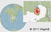 Savanna Style Location Map of Mansa, highlighted country, highlighted parent region, hill shading