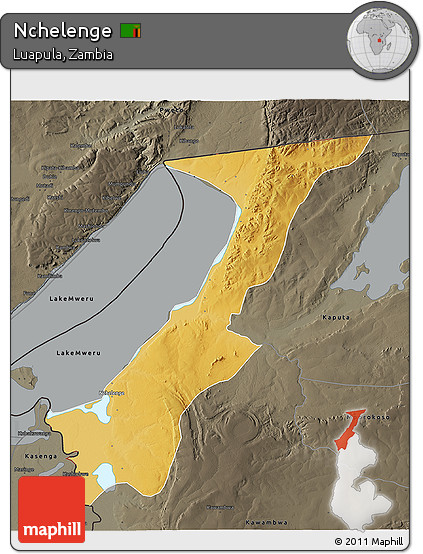 Physical 3D Map of Nchelenge, darken, semi-desaturated