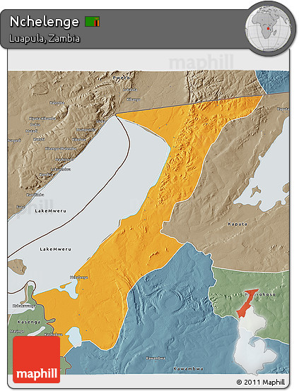 Political 3D Map of Nchelenge, semi-desaturated
