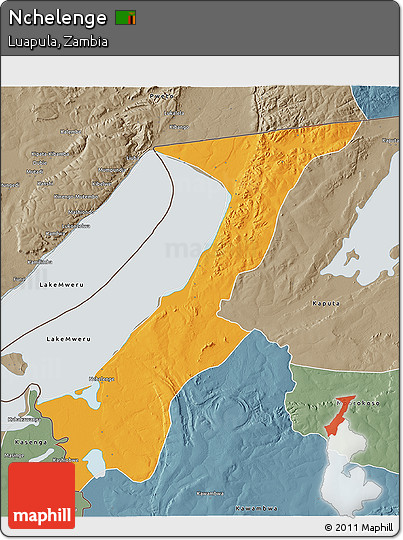 Political 3D Map of Nchelenge, semi-desaturated