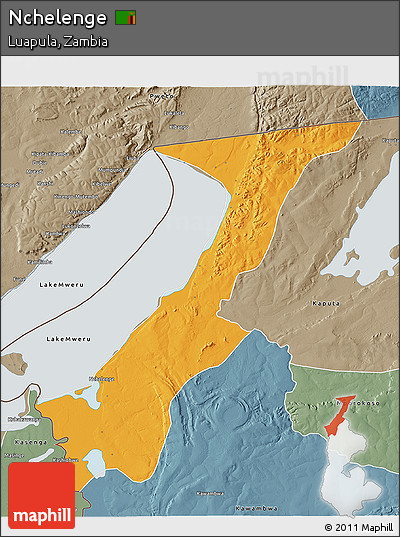 Political 3D Map of Nchelenge, semi-desaturated