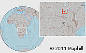 Gray Location Map of Nchelenge, within the entire country, hill shading