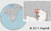 Gray Location Map of Nchelenge, highlighted country, highlighted parent region, hill shading