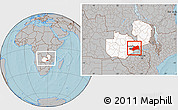 Gray Location Map of Lusaka, highlighted country, within the entire country, hill shading